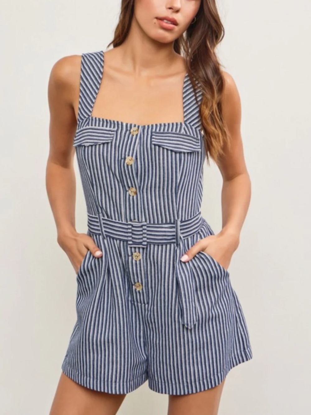Striped Navy Blue Belted Romper with Button Front